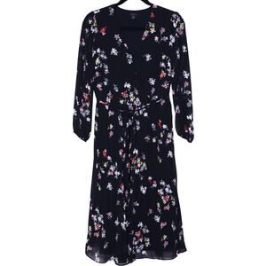 ANN TAYLOR Meadow Floral Pleated Wrap Dress Black Long Sleeve Women's 4 Petite